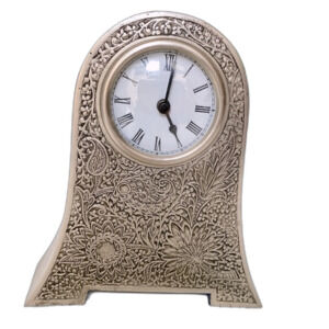 Collectible Embossed Silver Mantle Clock Floral Etched 7x8x2 Ornate Classic